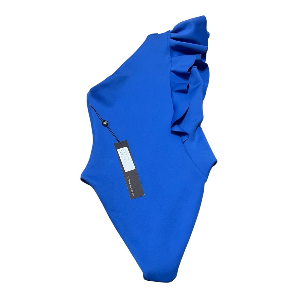 Badgley Mischka Grecian Blue Ruffle Accent One Shoulder Swimsuit NWT - Picture 3 of 4